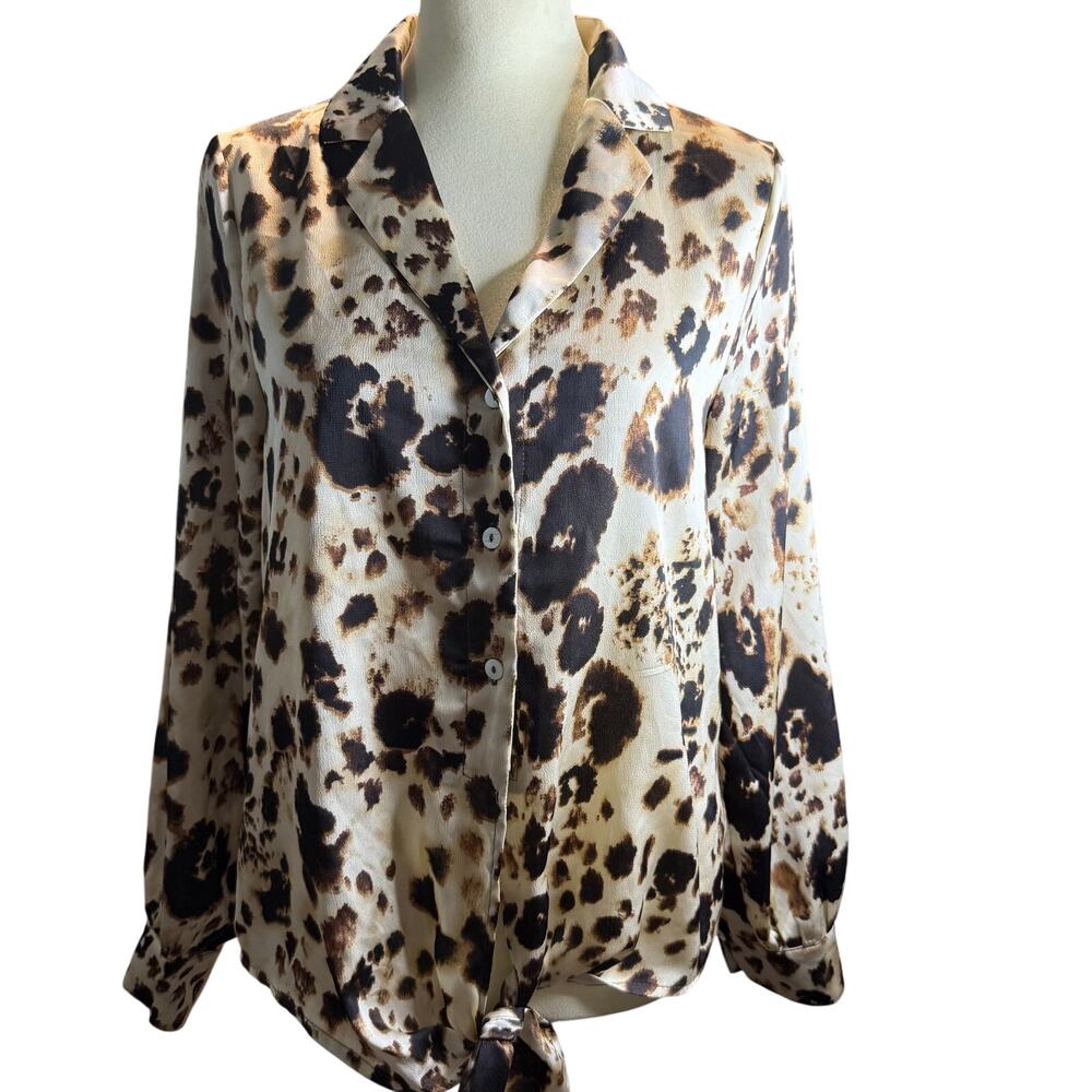 The Nines Leopard Print Button Down Blouse, Black Brown Cream, Size Small, NWT